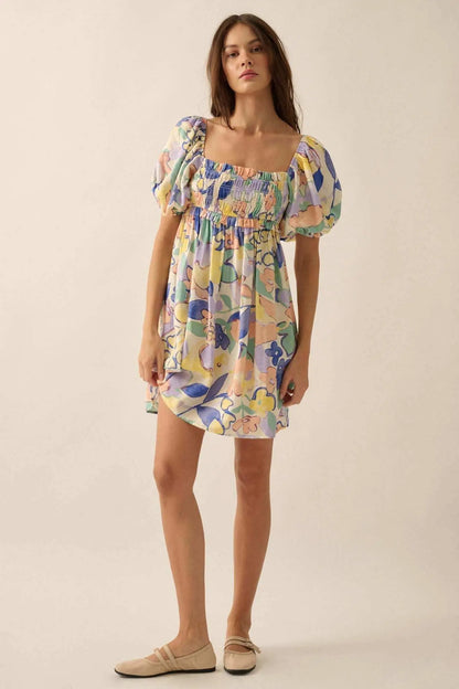 Morning Mist Floral Puff-Sleeve Babydoll Mini Dress