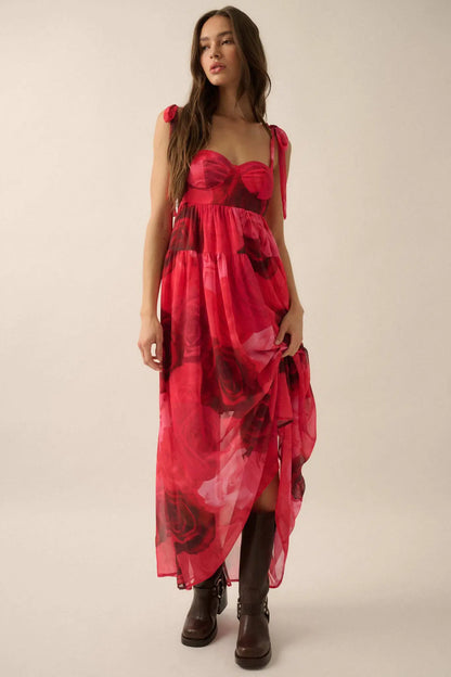 Coming Up Roses Floral Chiffon Tiered Maxi Dress