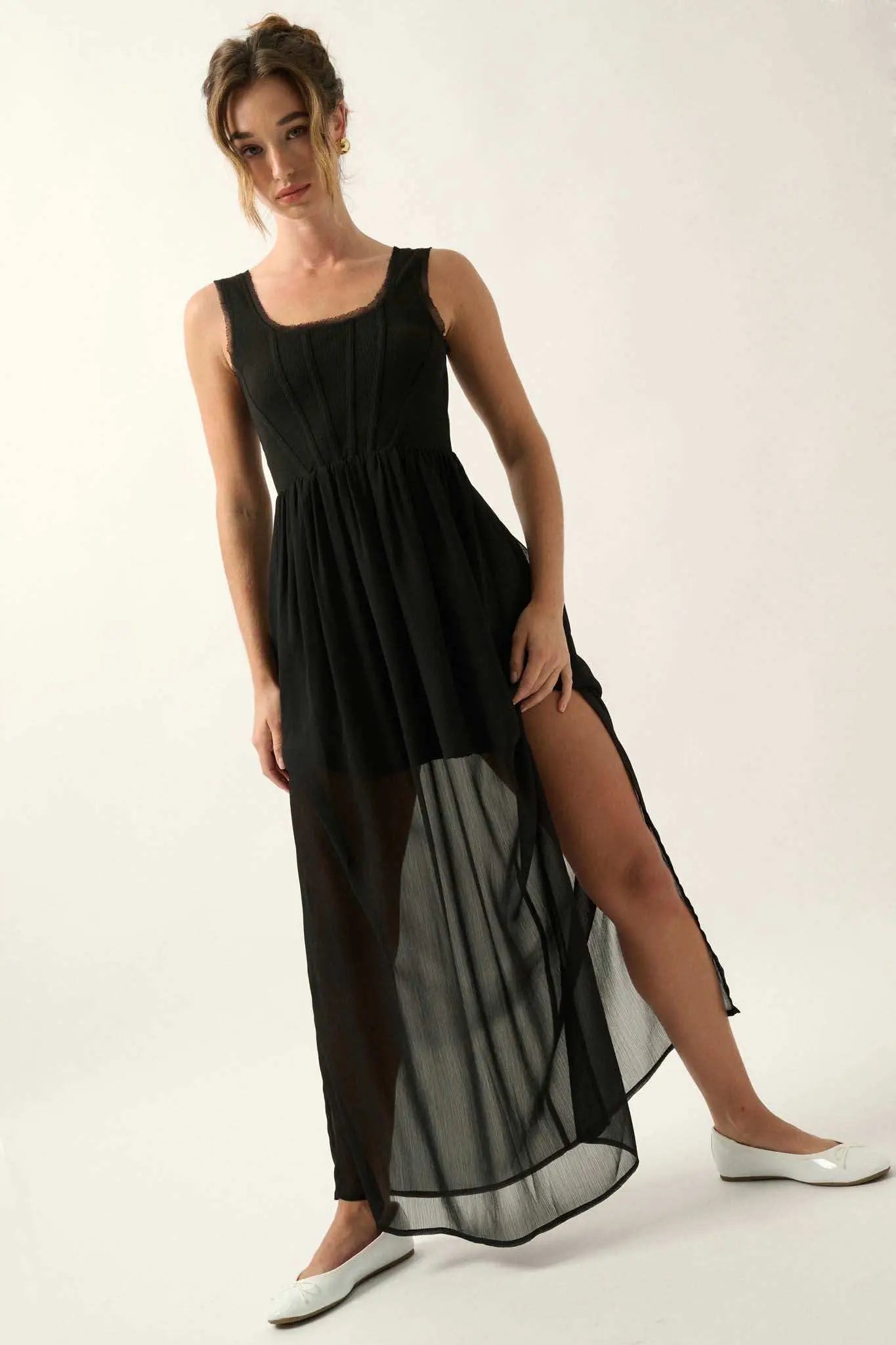 Perfect Afternoon Chiffon and Rib-Knit Maxi Dress
