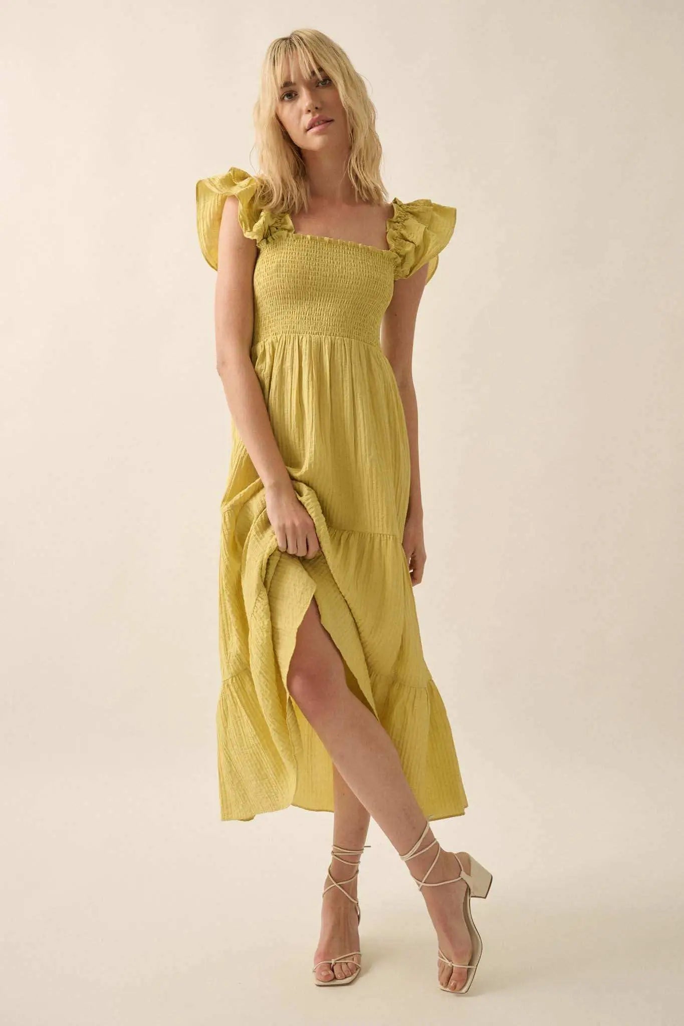 Spring Fling Textured Stripe Ruffle Midi Dress