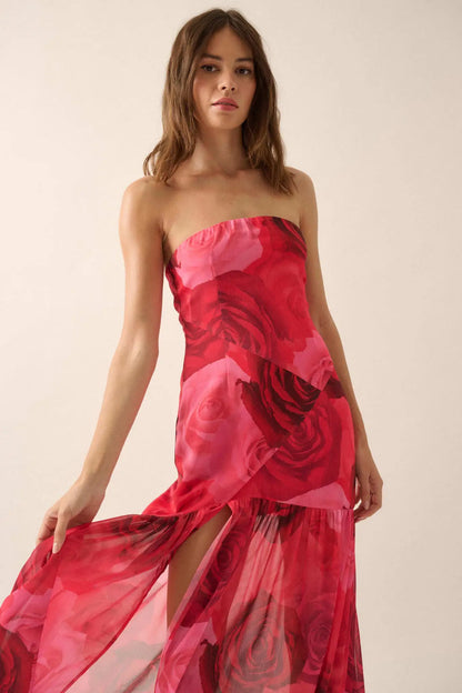 Roses Bloom Floral Strapless Drop-Waist Maxi Dress