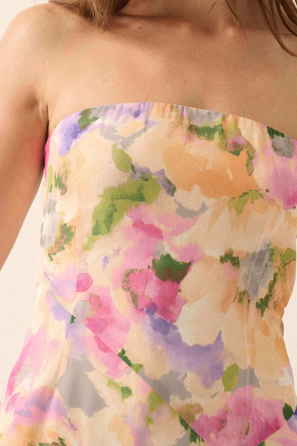 Garden Glow Floral Chiffon Strapless Maxi Dress