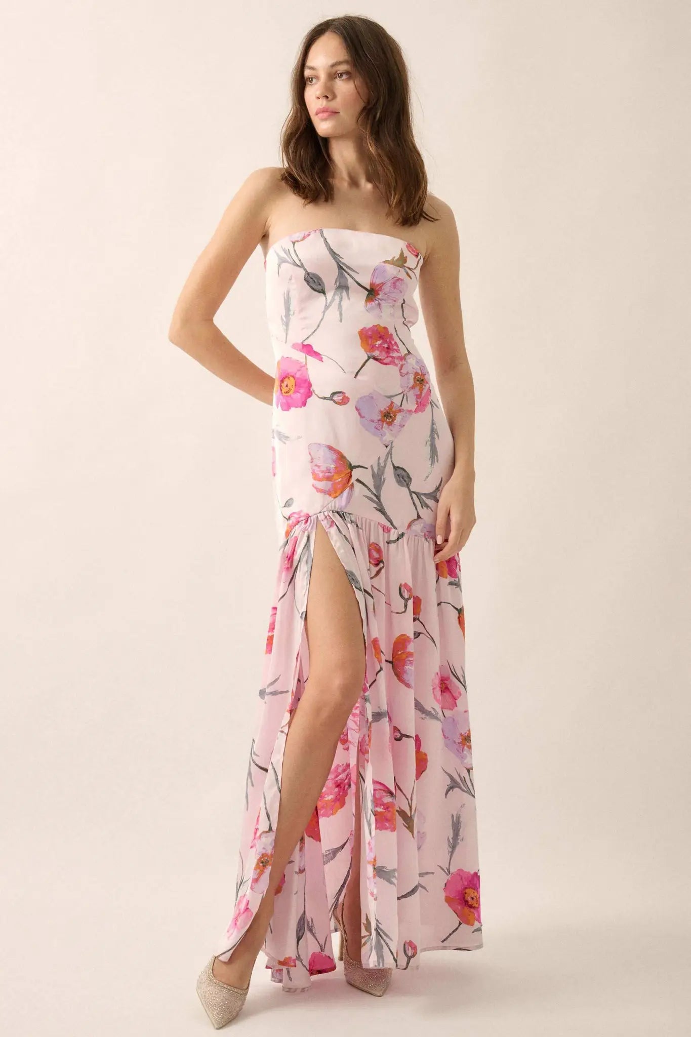 Eternal Spring Floral Satin Strapless Maxi Dress