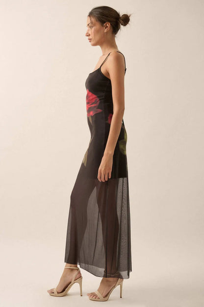 Kiss From a Rose Printed Mesh Layered Maxi Dress