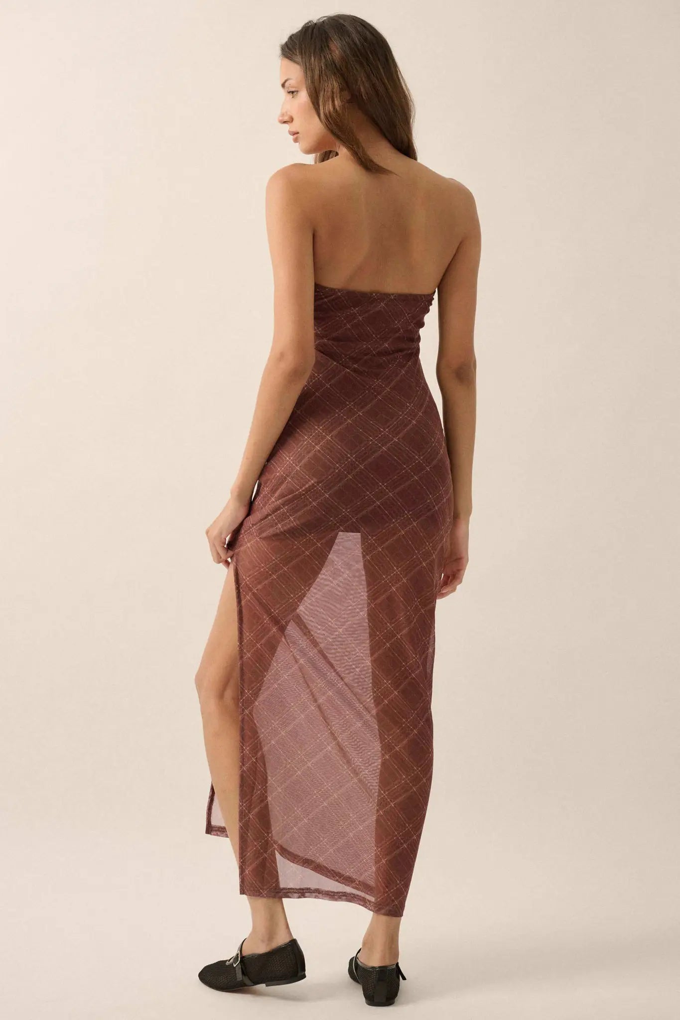 Plaid Vibes Strapless Plaid Mesh Maxi Dress