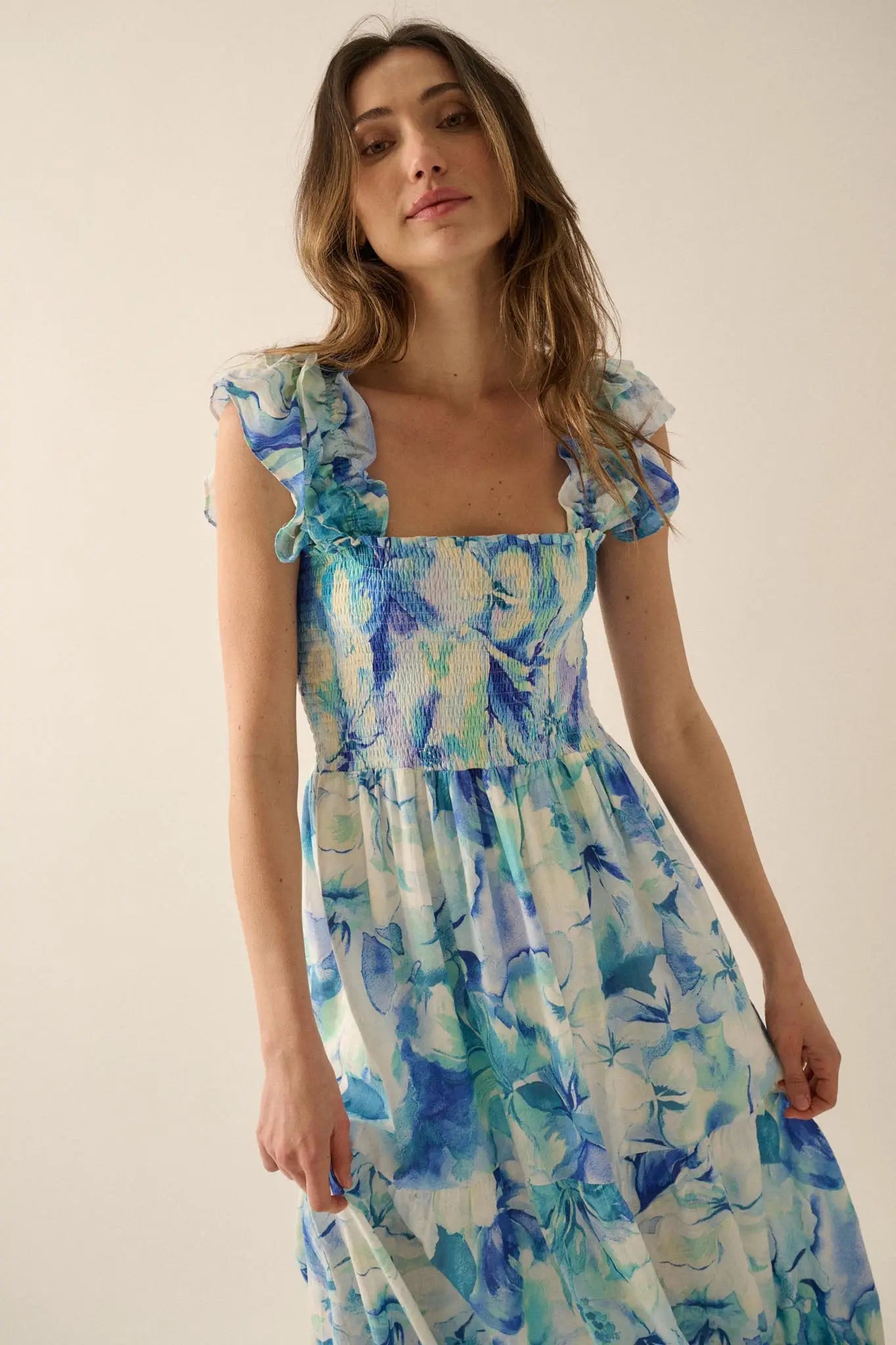 Cyan Blossoms Floral Smocked Ruffle Midi Dress