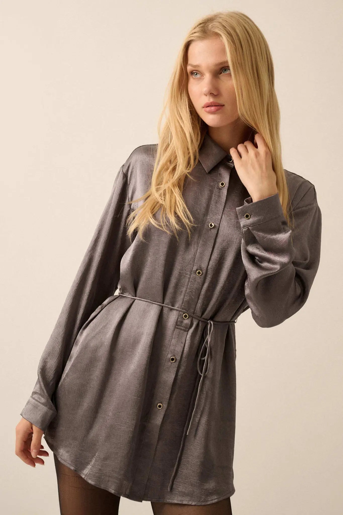 Luxe Aesthetic Textured Satin Belted Shirt Romper