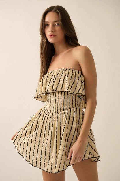 Rolling Wave Striped Knit Strapless Flounce Romper