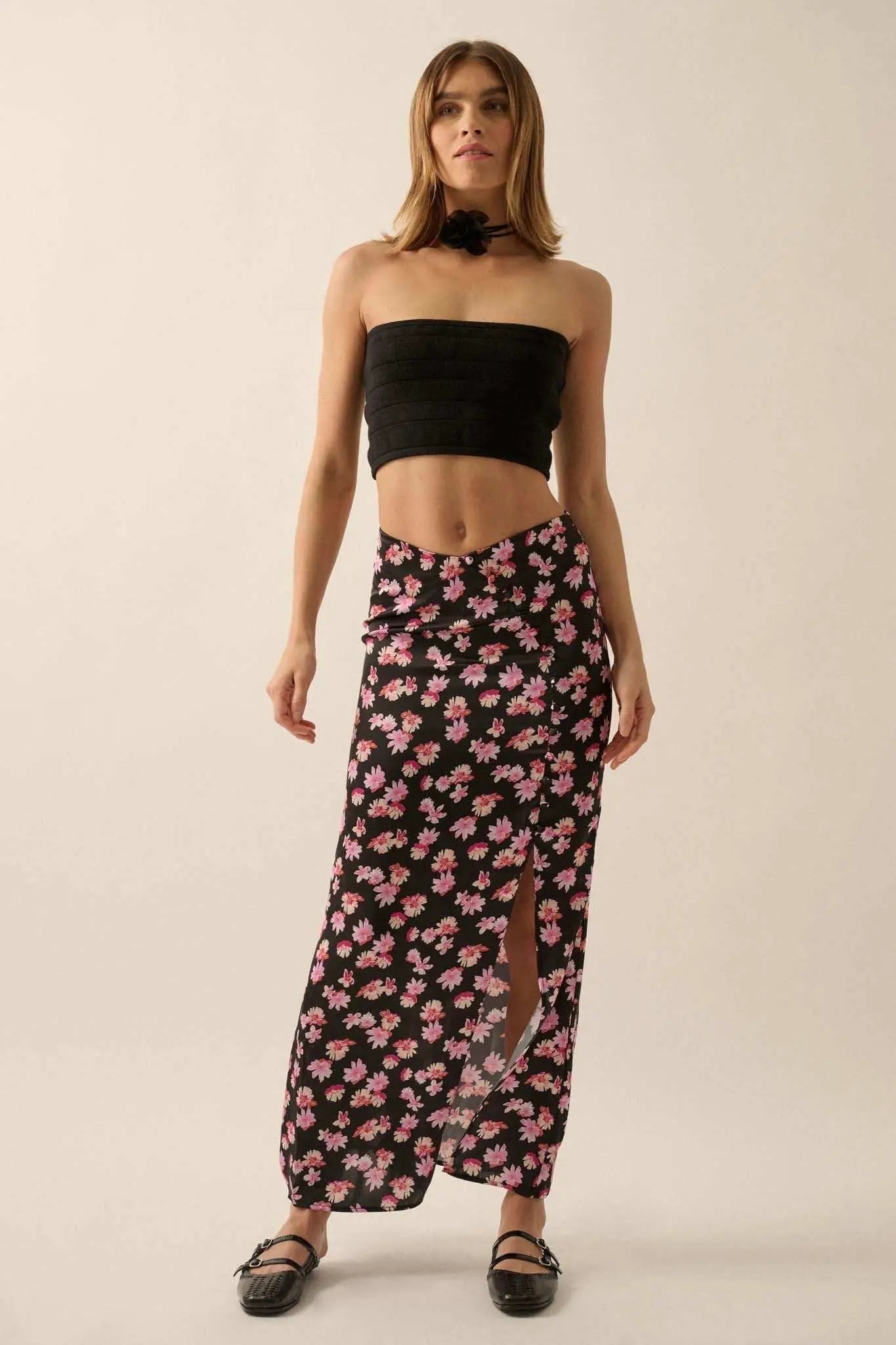 Sassy Blossoms Floral Satin Buttoned Maxi Skirt