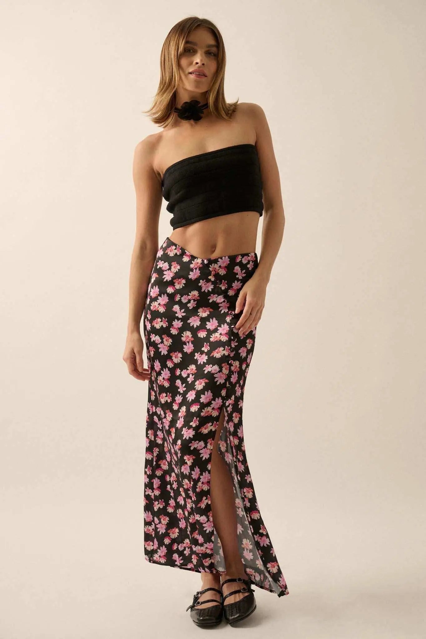 Sassy Blossoms Floral Satin Buttoned Maxi Skirt