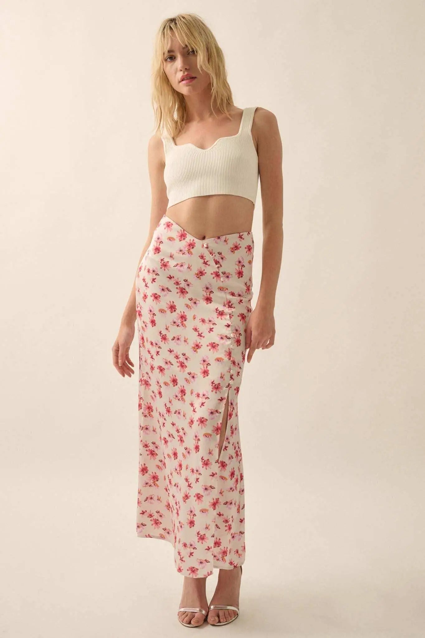 Sassy Blossoms Floral Satin Buttoned Maxi Skirt