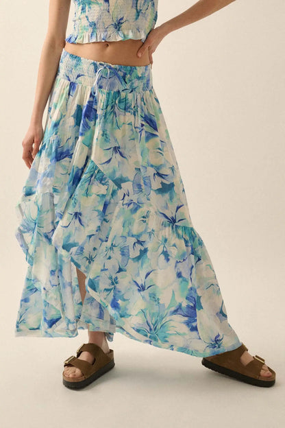 Azure Petals Floral High-Low Ruffle Maxi Skirt