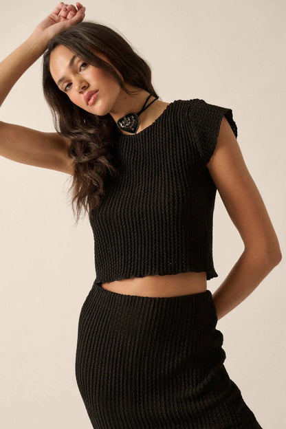 Kiss Me Textured Pucker-Knit Cap-Sleeve Crop Top