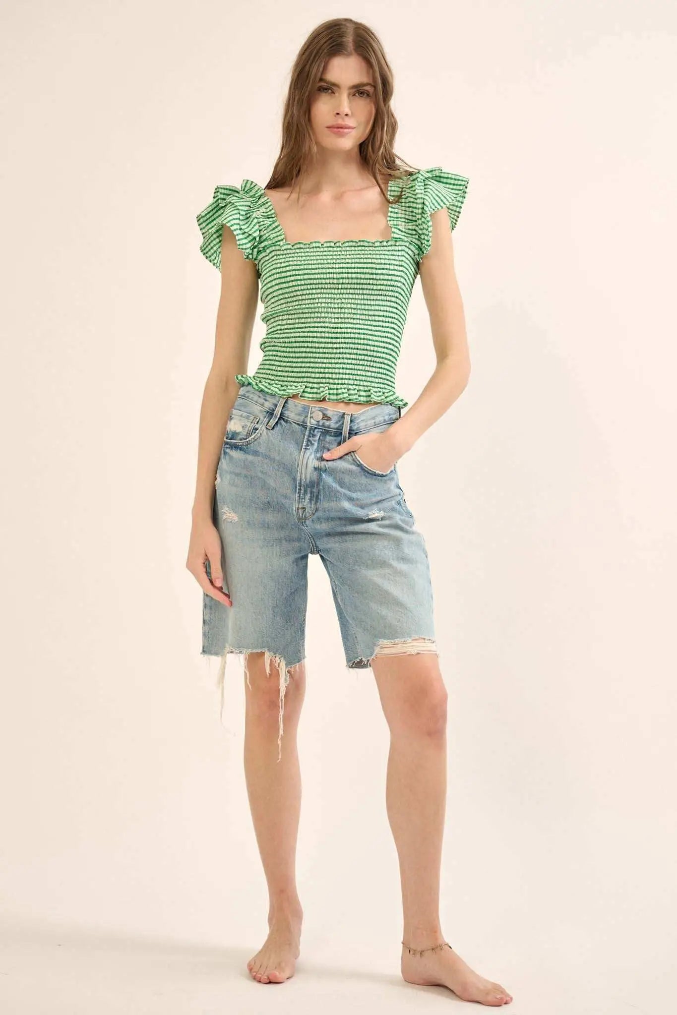 Candy Land Smocked Gingham Ruffled Peasant Top