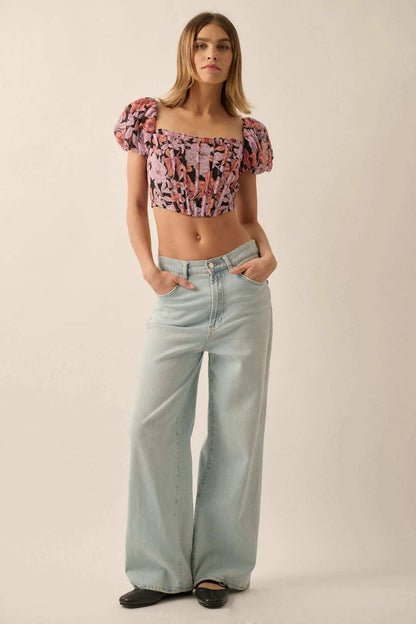 Fiji Feeling Floral Chiffon Puff-Sleeve Corset Top