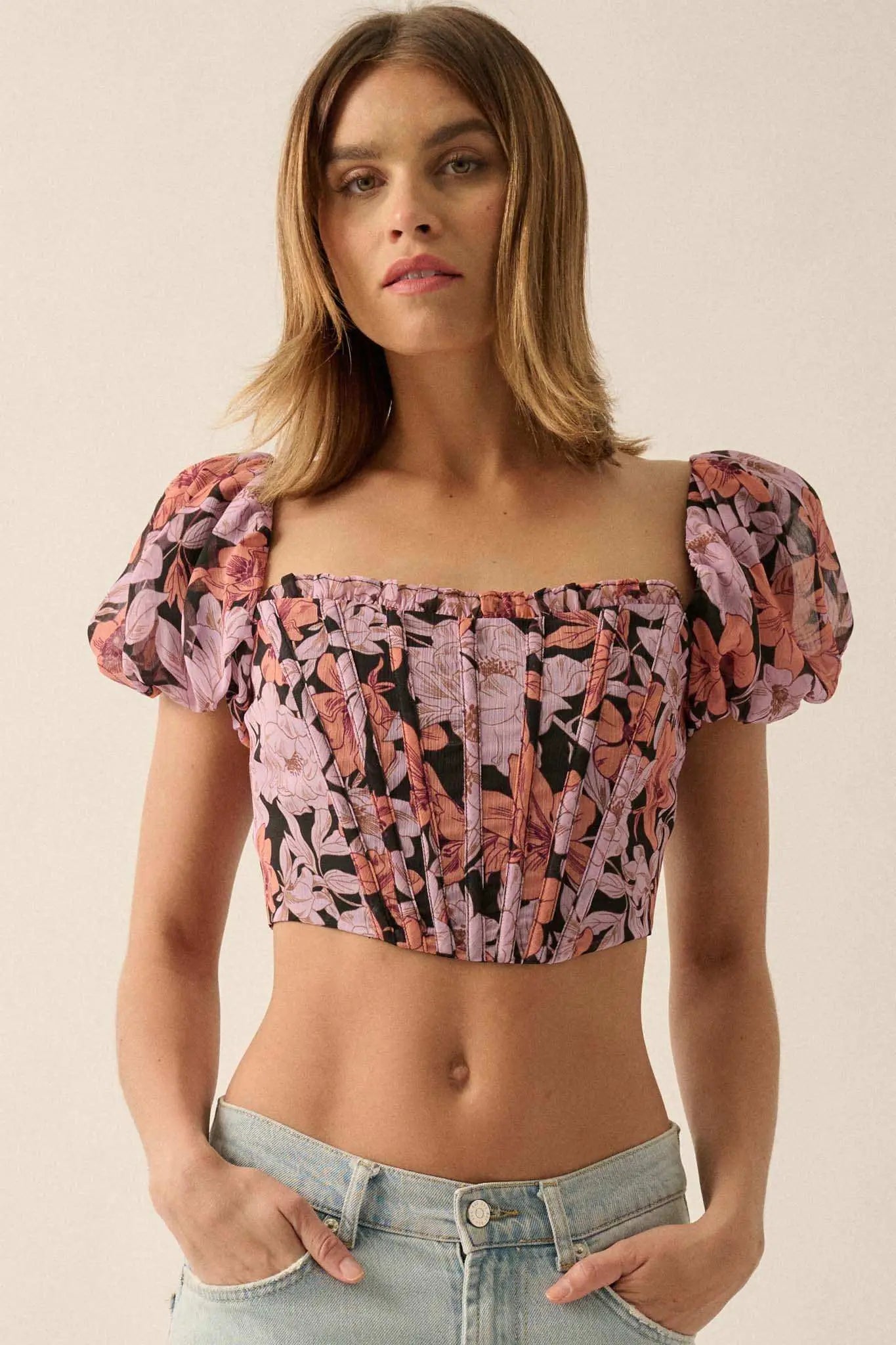 Fiji Feeling Floral Chiffon Puff-Sleeve Corset Top