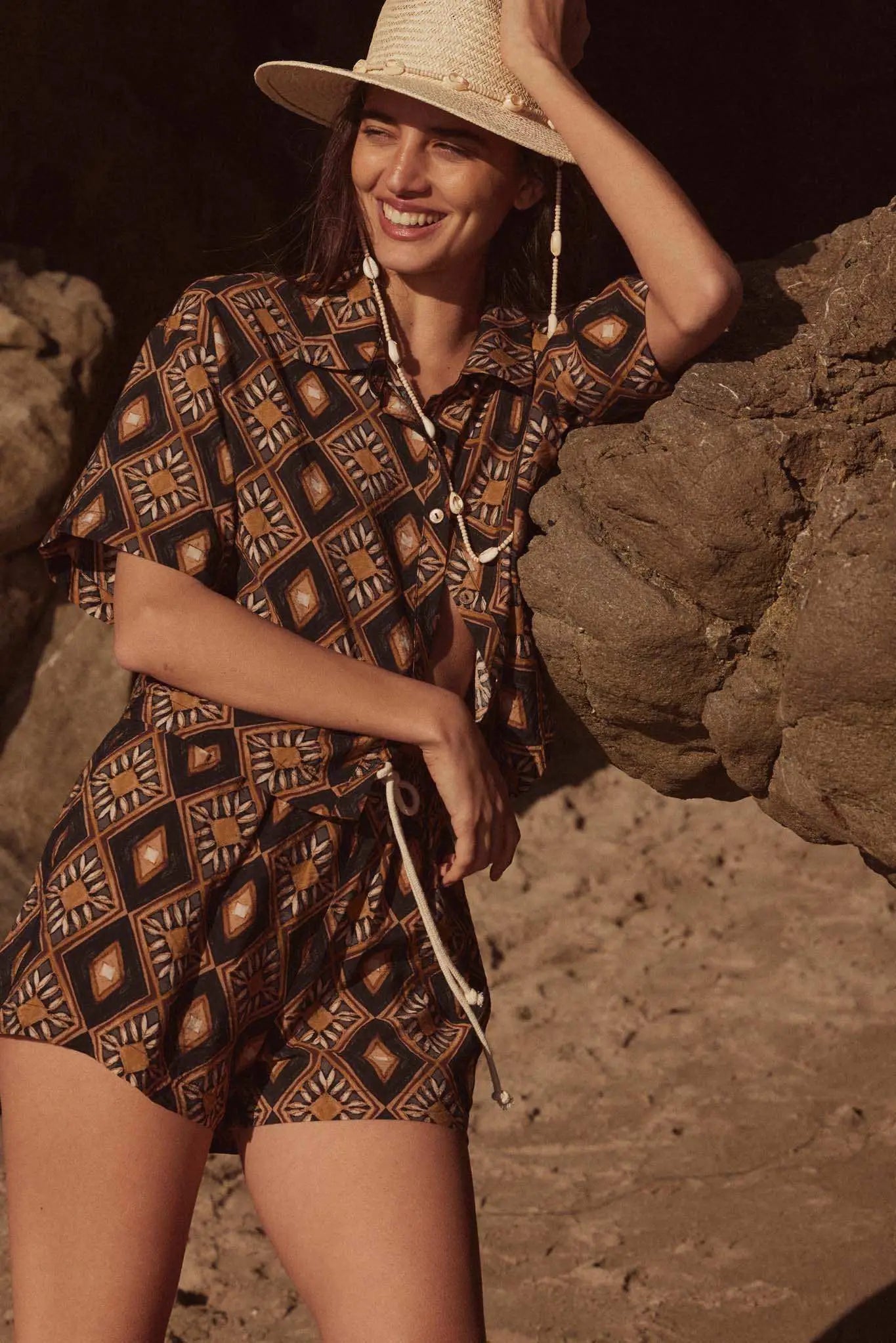 Mahogany Blooms Geometric Floral Camp Shirt