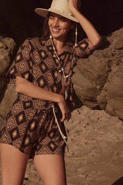 Mahogany Blooms Geometric Floral Camp Shirt
