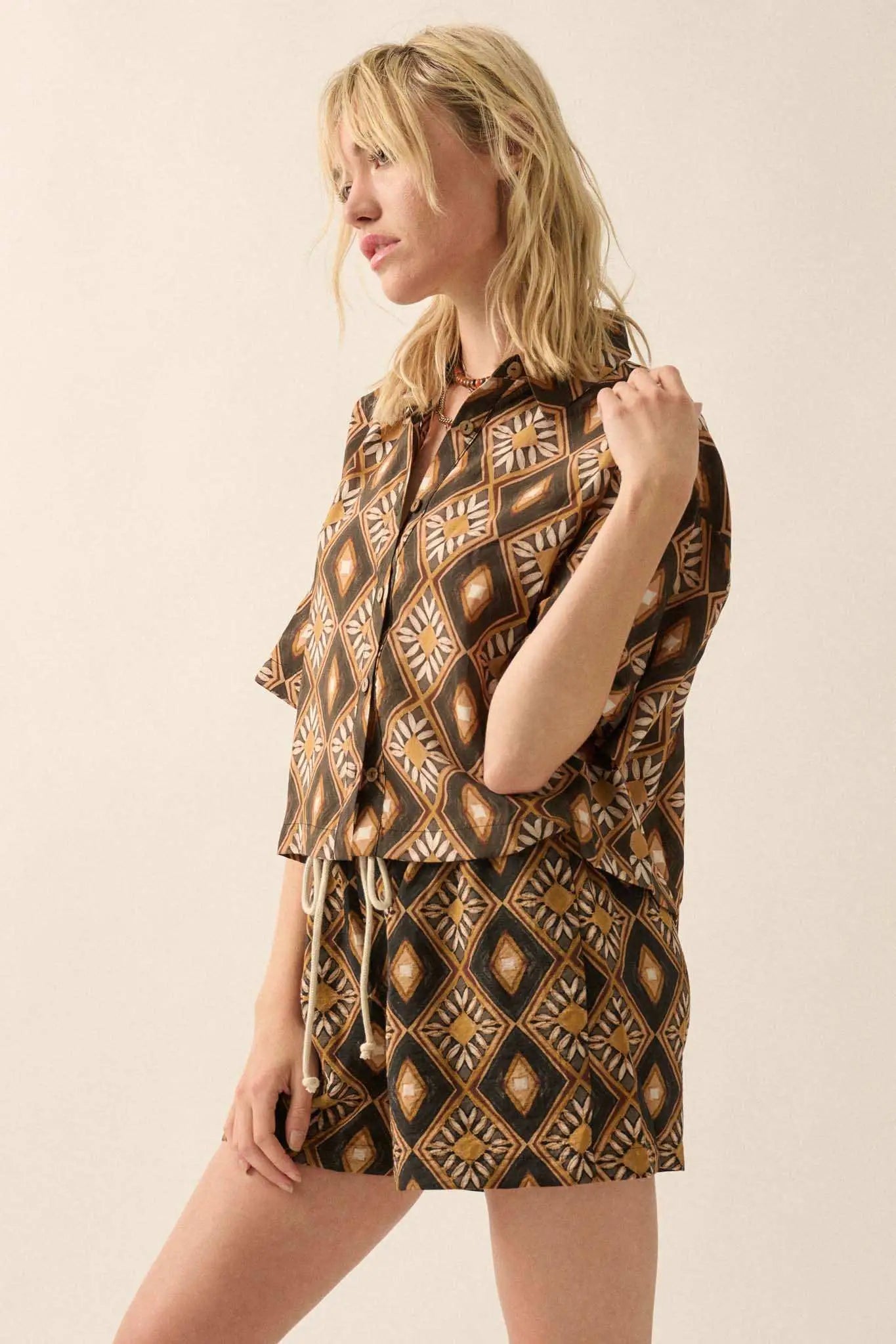 Mahogany Blooms Geometric Floral Camp Shirt
